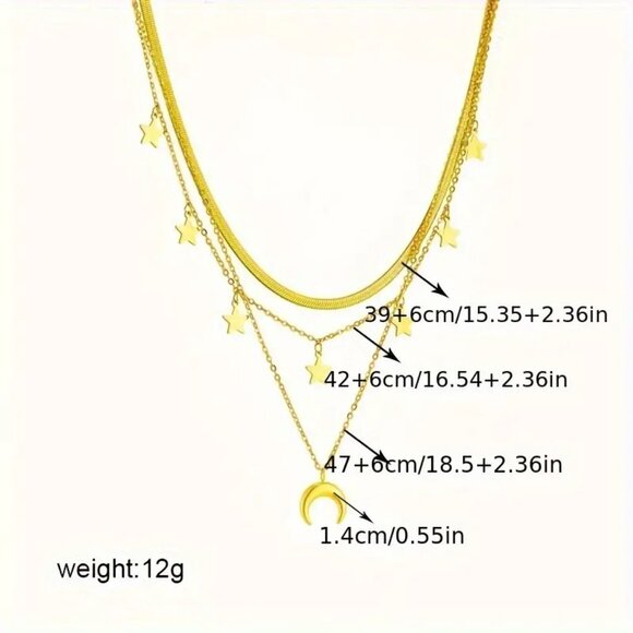 18kt Gold Plated Stainless Steel Multi-layered Star Moon Necklace Chains - Picture 2 of 2